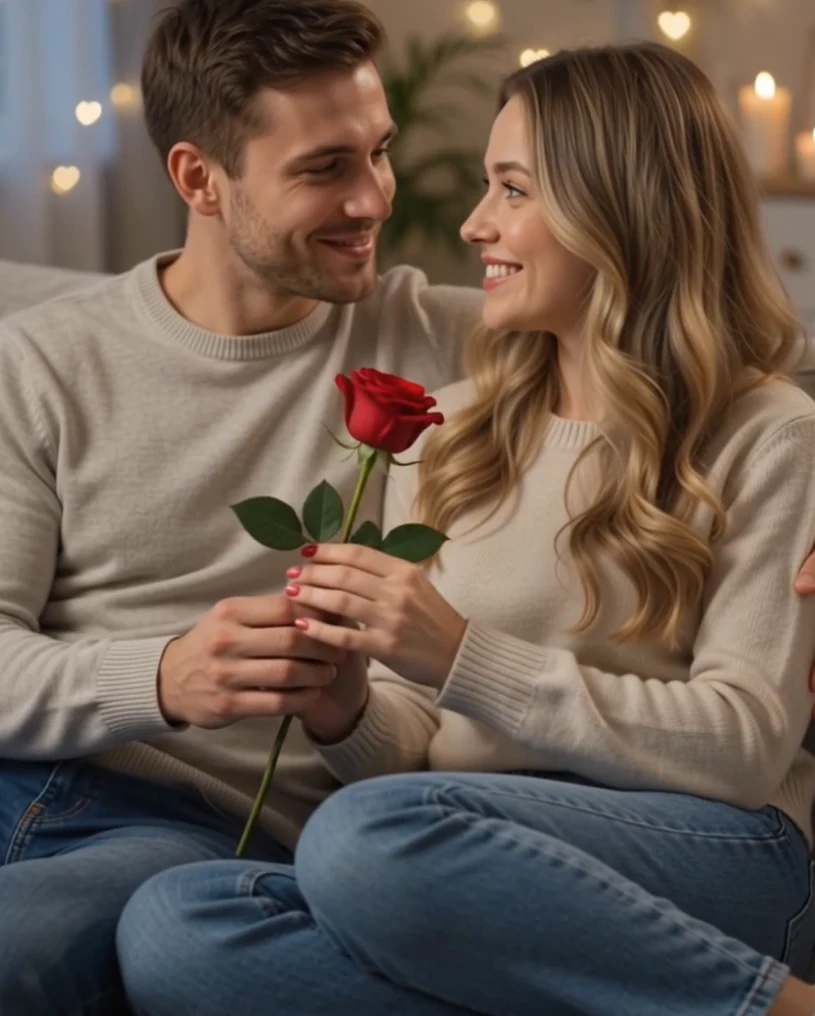 Casal sorrindo no sofá enquanto segura uma rosa vermelha